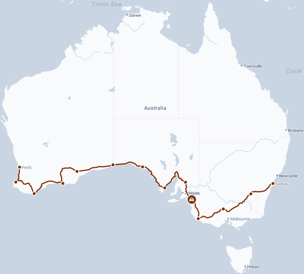 Map of the road trip route from Perth to Sydney